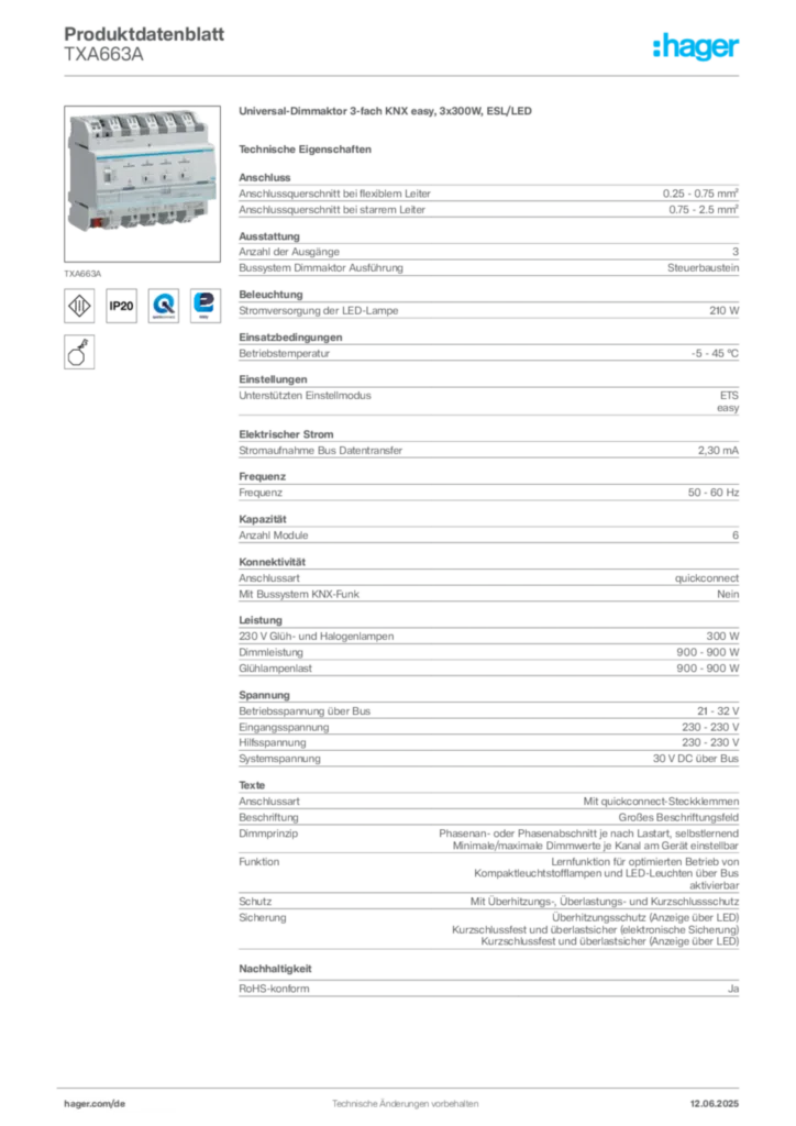 Hager Produktdatenblatt TXA663A