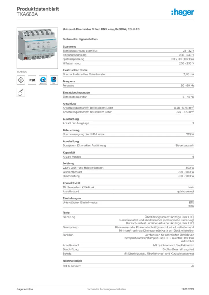 Bild Hager Produktdatenblatt TXA663A | Hager Deutschland