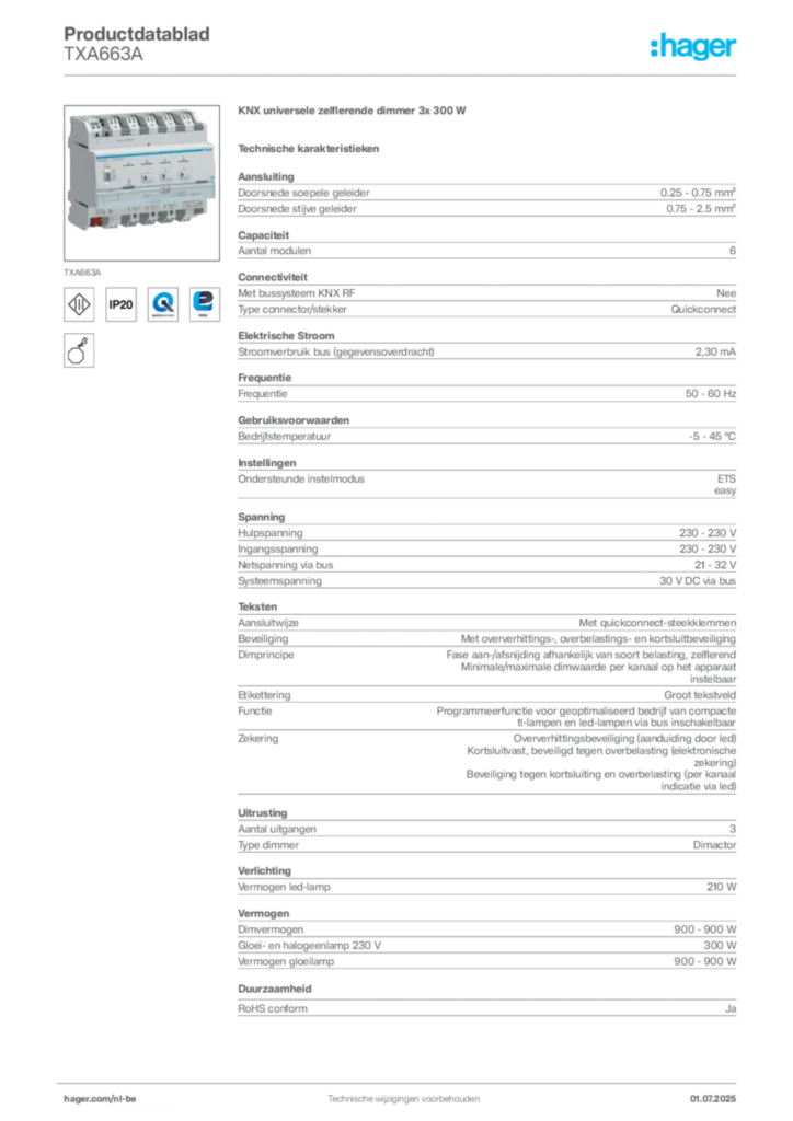 Afbeelding Hager Productdatablad TXA663A | Hager Belgium