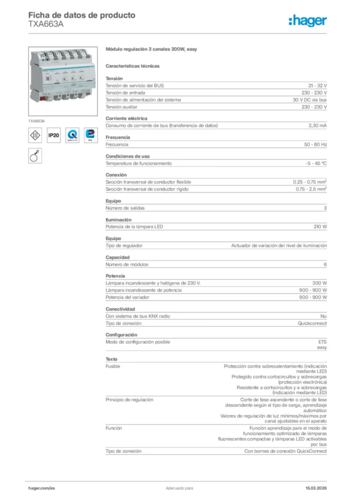 Imagen Hager Ficha de datos de producto TXA663A | Hager España