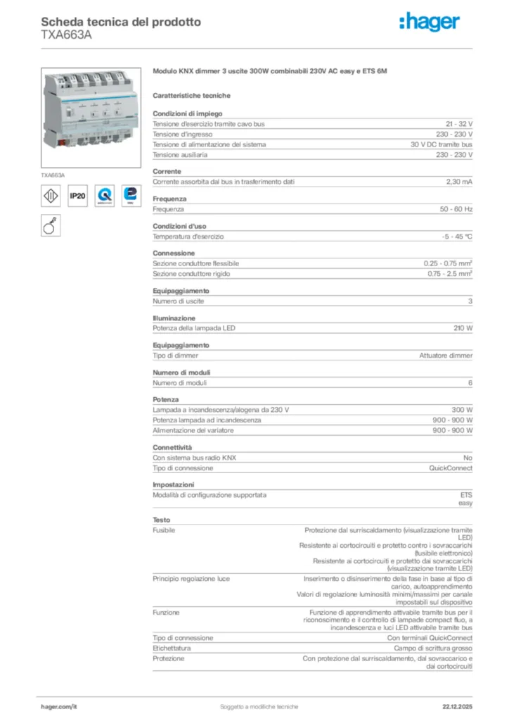 Immagine Hager Scheda tecnica del prodotto TXA663A | Hager Italia