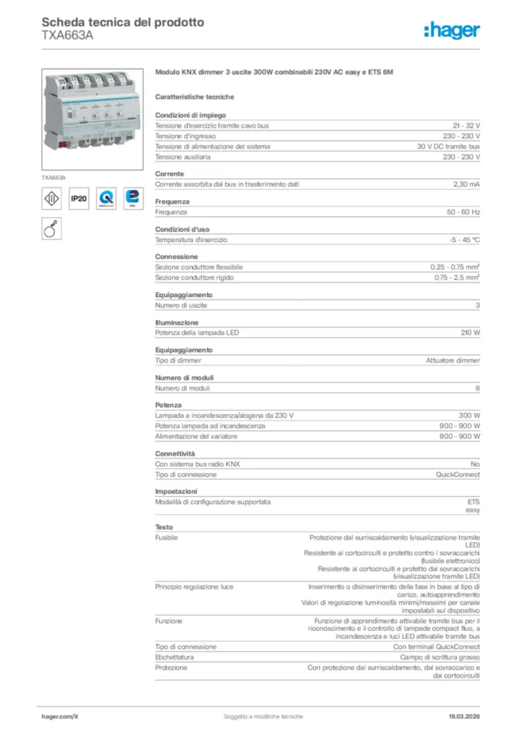 Immagine Hager Scheda tecnica del prodotto TXA663A | Hager Italia