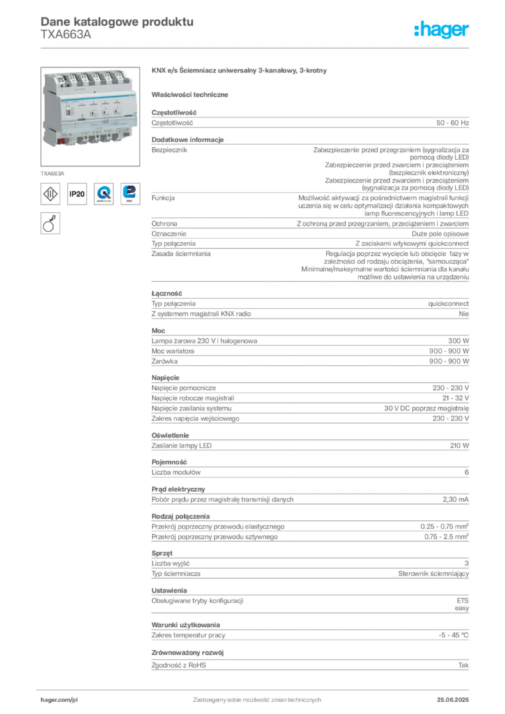 Zdjęcie Hager Dane katalogowe produktu TXA663A | Hager Polska