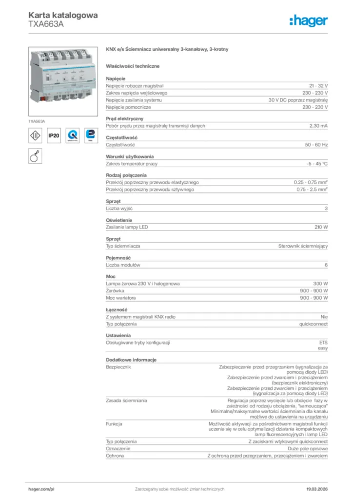 Zdjęcie Hager Karta katalogowa TXA663A | Hager Polska