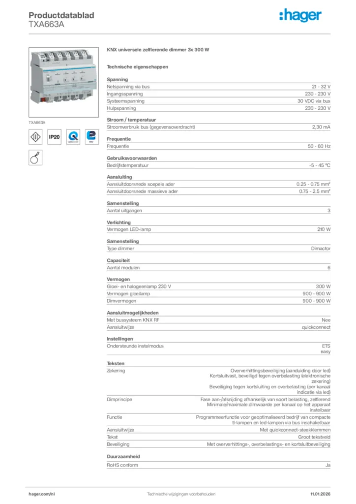 Afbeelding Hager Productdatablad TXA663A | Hager Nederland