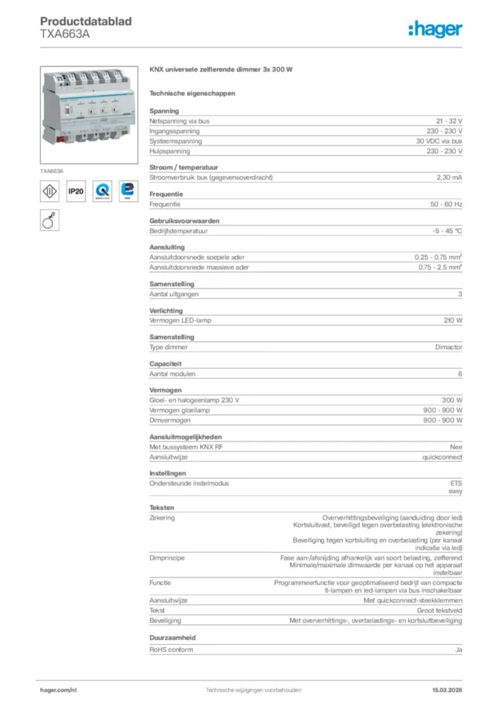 Afbeelding Hager Productdatablad TXA663A | Hager Nederland