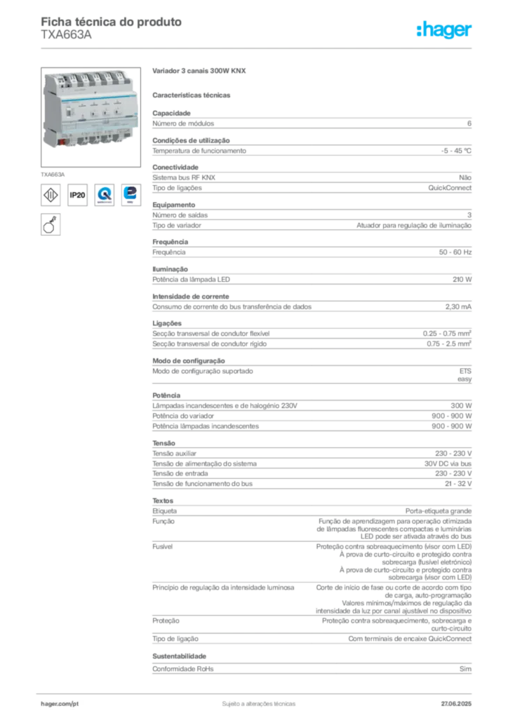 Imagem Hager Ficha técnica do produto TXA663A | Hager Portugal