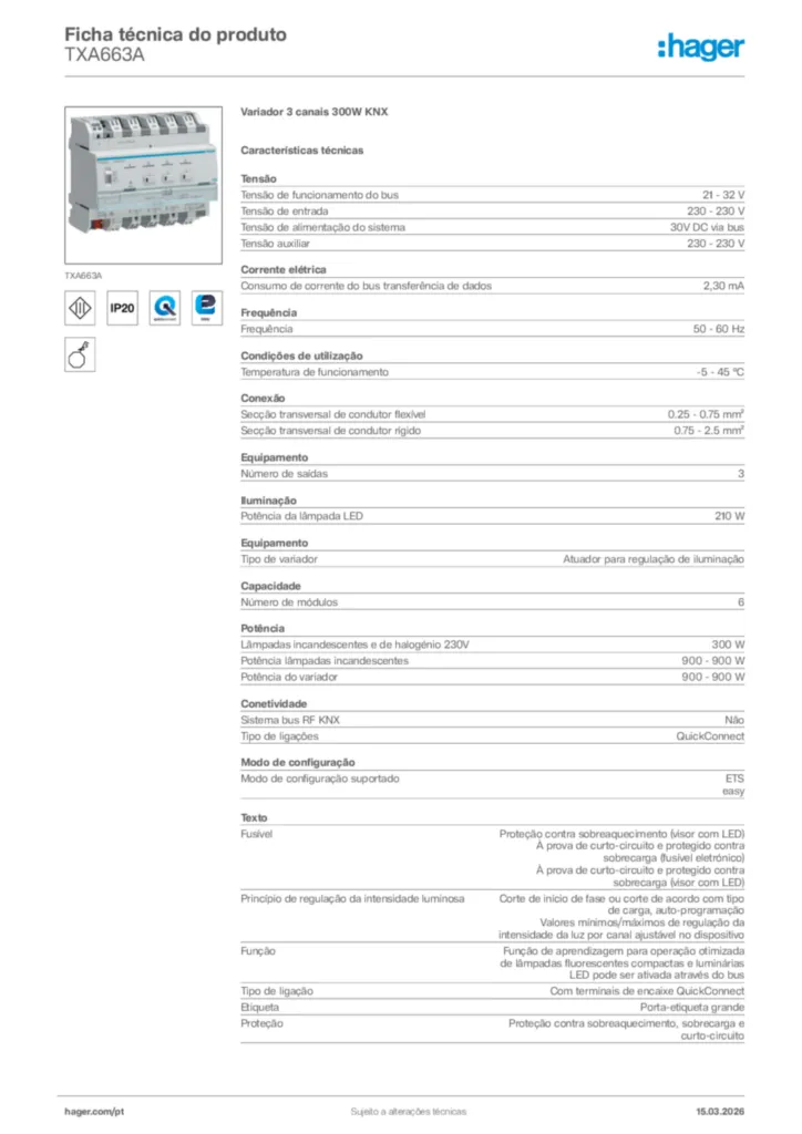 Imagem Hager Ficha técnica do produto TXA663A | Hager Portugal