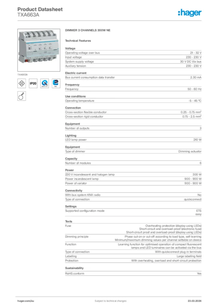 Image Hager Product data sheet TXA663A  | Hager Australia