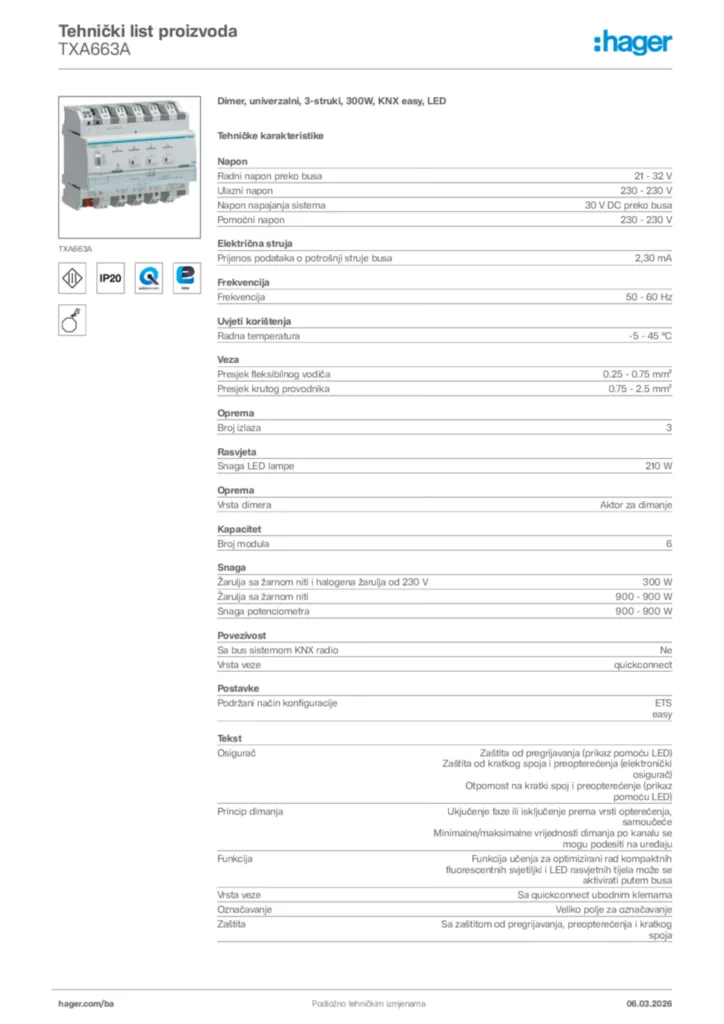 Slika Hager Tehnički list proizvoda TXA663A  | Hager