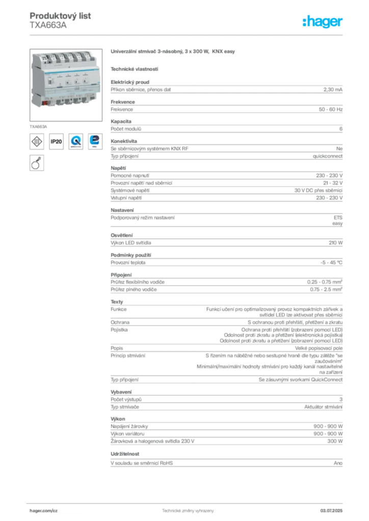 Obrázek Hager Produktový list TXA663A | Hager