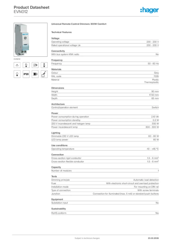Image Hager Product data sheet EVN012  | Hager Africa