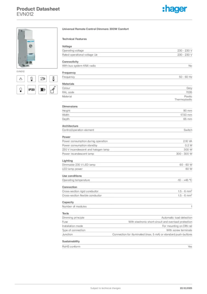 Image Hager Product data sheet EVN012  | Hager Africa