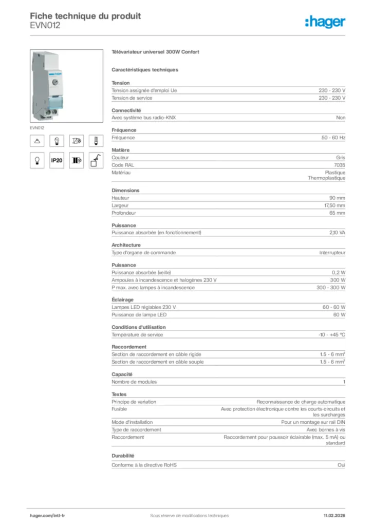 Image Hager Fiche technique du produit EVN012 | Hager Afrique