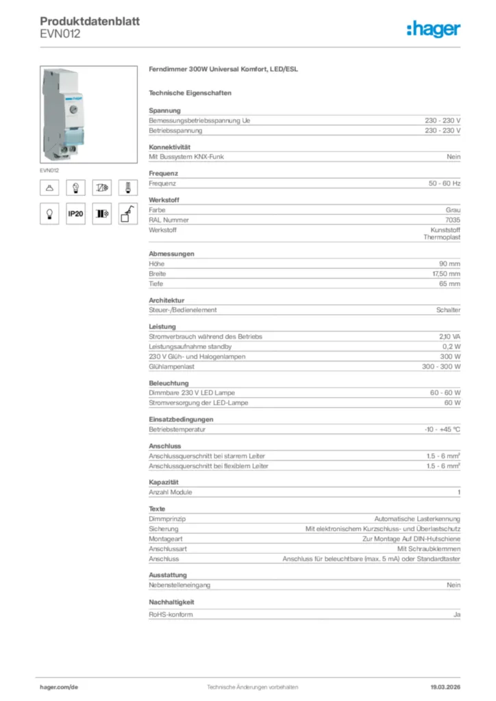 Bild Hager Produktdatenblatt EVN012 | Hager Deutschland