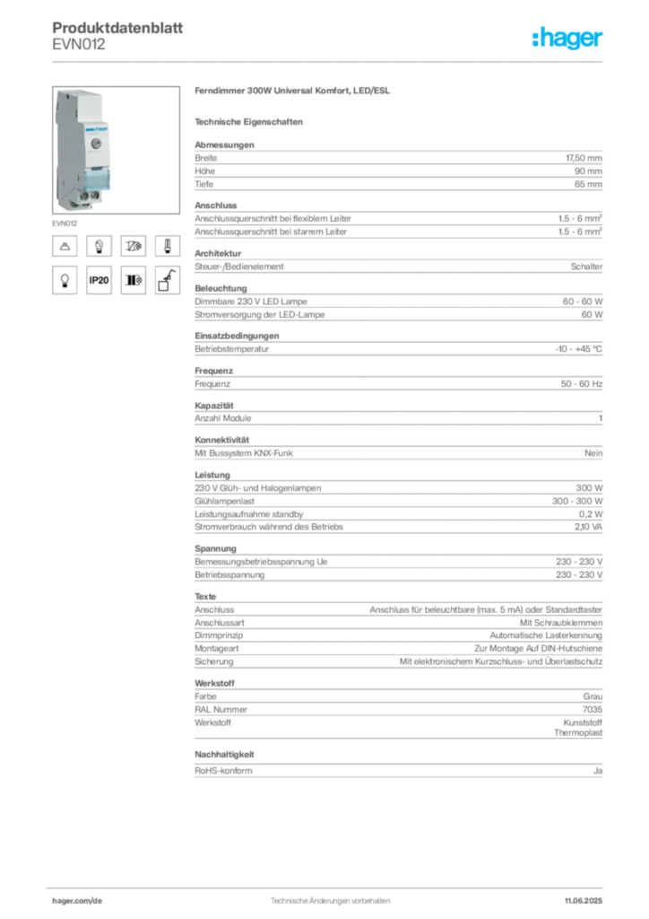 Bild Hager Produktdatenblatt EVN012 | Hager Deutschland