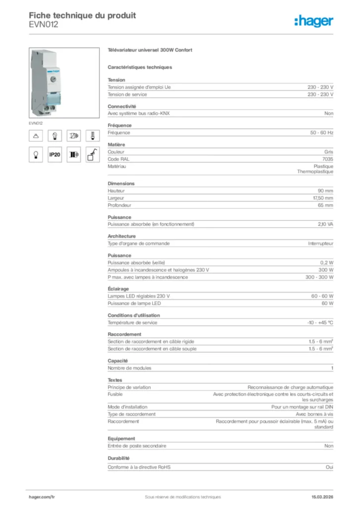 Image Hager Fiche technique du produit EVN012 | Hager France