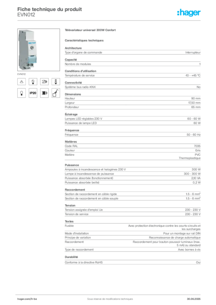Image Hager Fiche technique du produit EVN012 | Hager Belgique