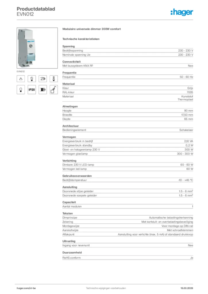 Afbeelding Hager Productdatablad EVN012 | Hager Belgium