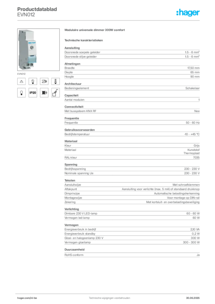 Afbeelding Hager Productdatablad EVN012 | Hager Belgium