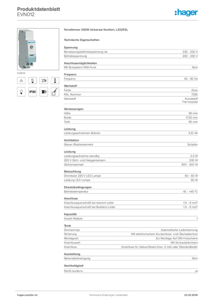 Bild Hager Produktdatenblatt EVN012 | Hager Schweiz