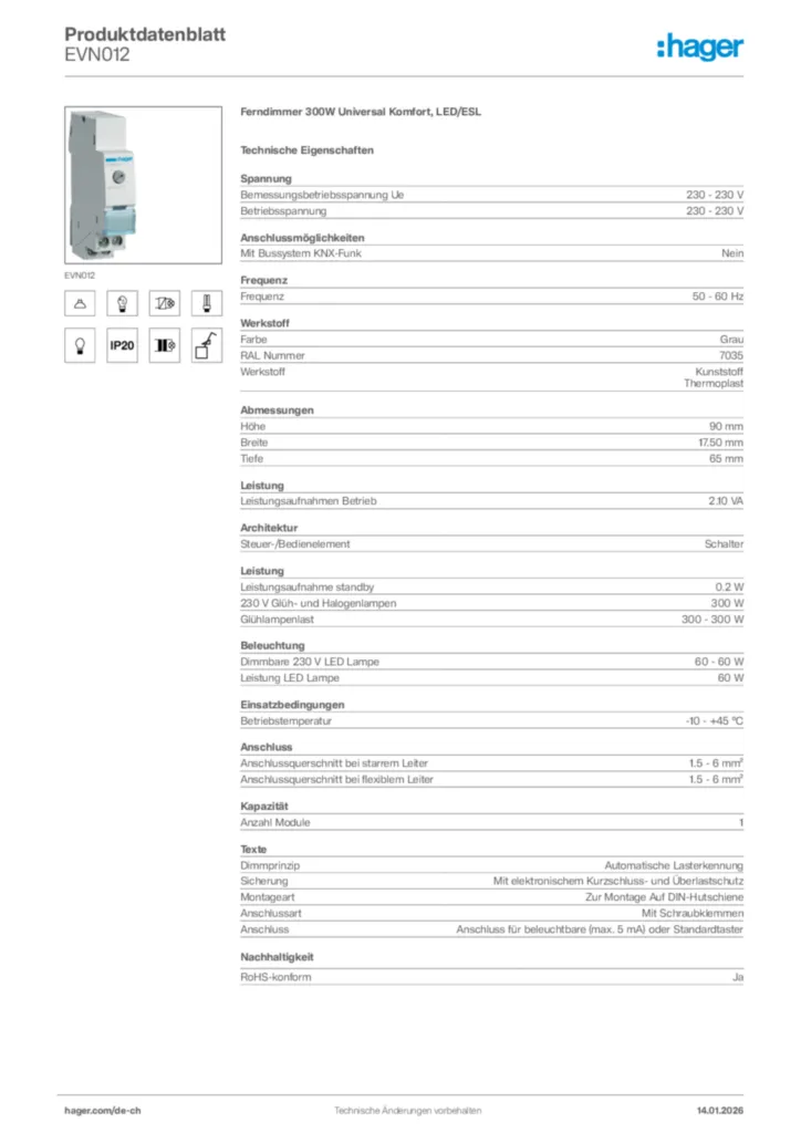 Bild Hager Produktdatenblatt EVN012 | Hager Schweiz