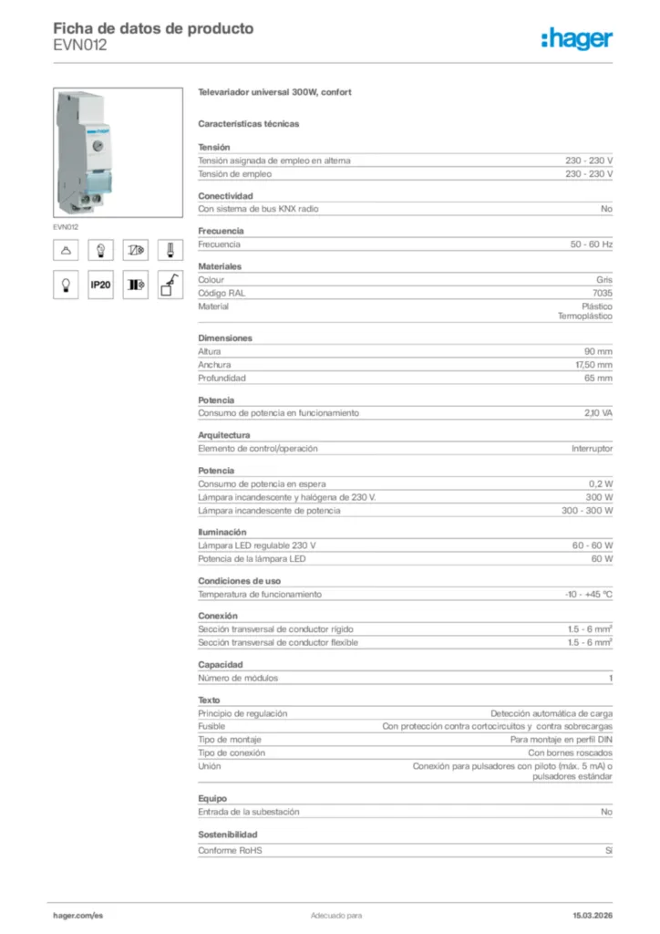 Imagen Hager Ficha de datos de producto EVN012 | Hager España
