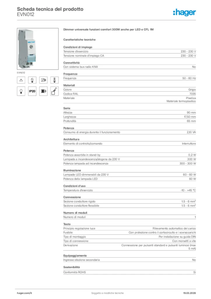 Immagine Hager Scheda tecnica del prodotto EVN012 | Hager Italia