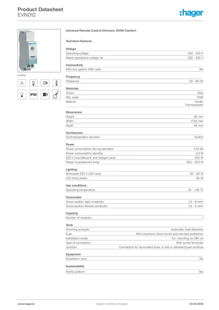 Image Hager Product data sheet EVN012  | Hager