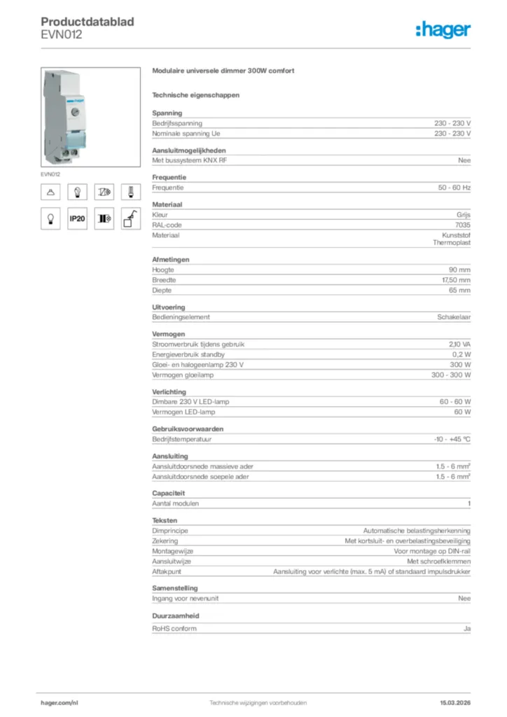 Afbeelding Hager Productdatablad EVN012 | Hager Nederland