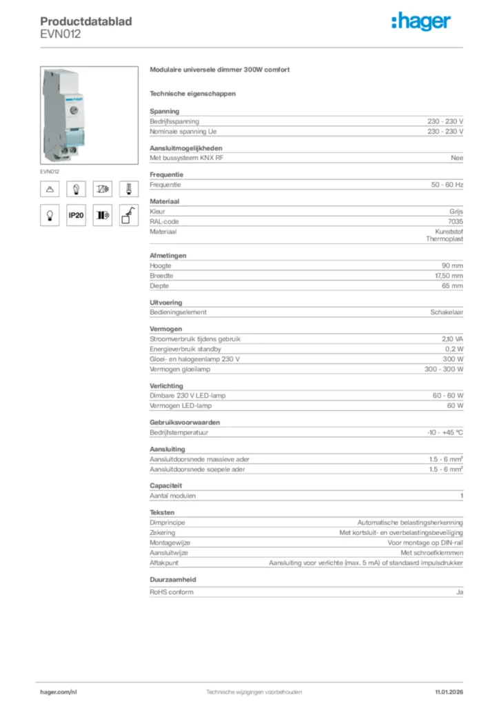 Afbeelding Hager Productdatablad EVN012 | Hager Nederland