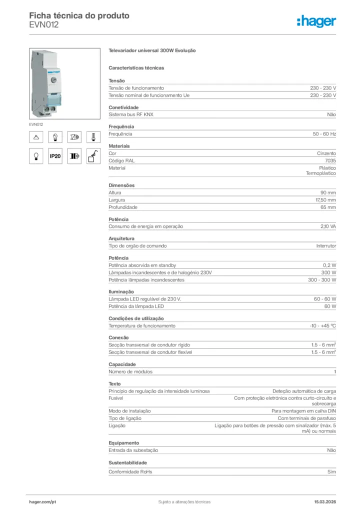 Imagem Hager Ficha técnica do produto EVN012 | Hager Portugal