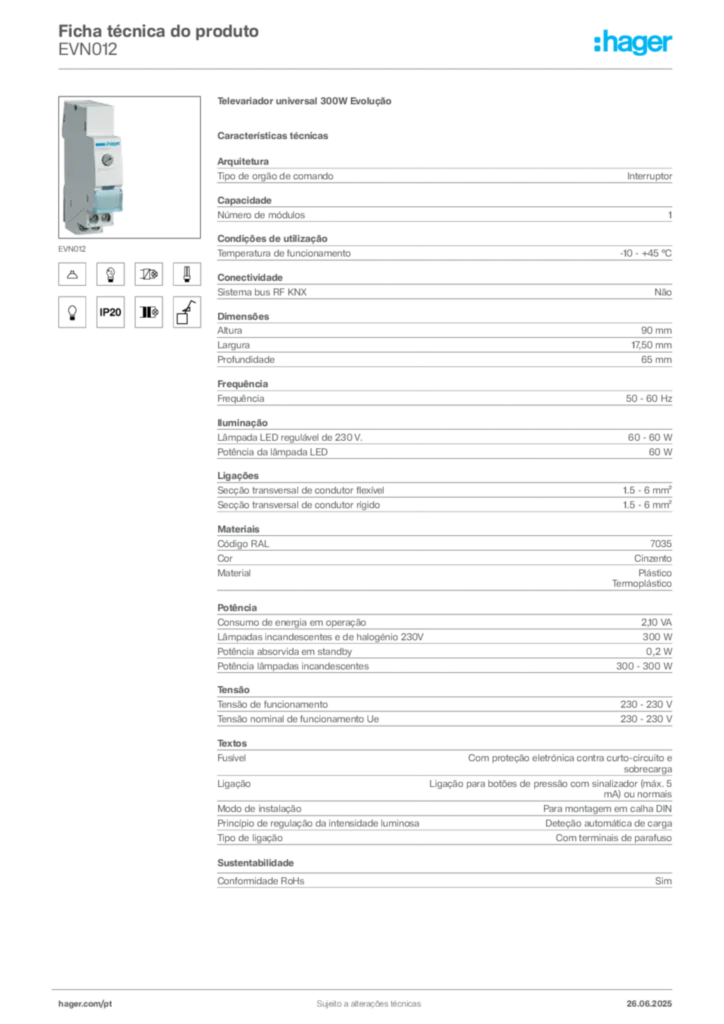 Imagem Hager Ficha técnica do produto EVN012 | Hager Portugal