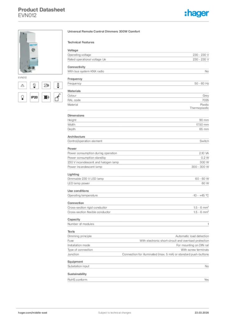 Image Hager Product data sheet EVN012  | Hager