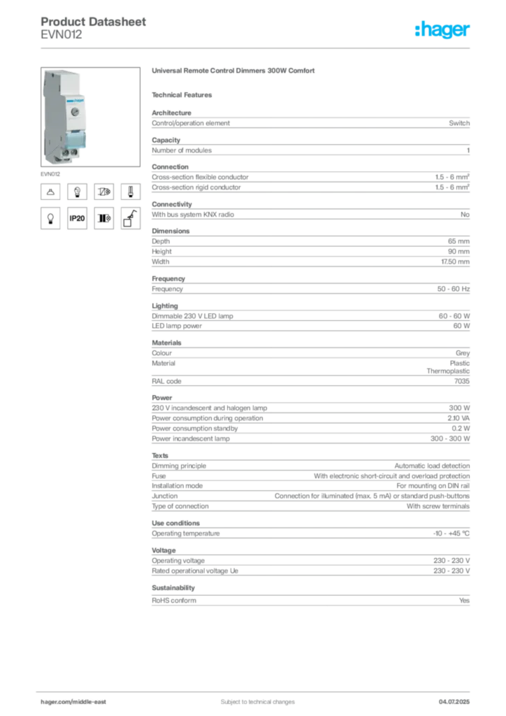 Image Hager Product data sheet EVN012  | Hager