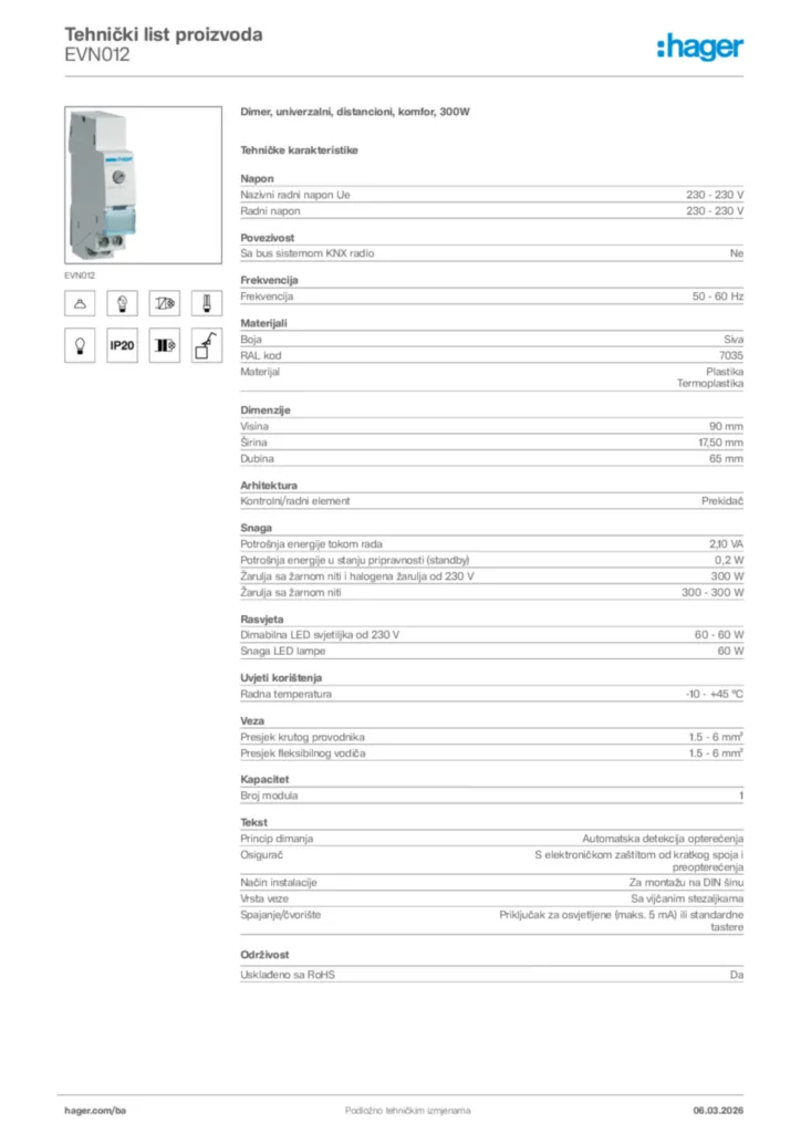 Slika Hager Tehnički list proizvoda EVN012  | Hager