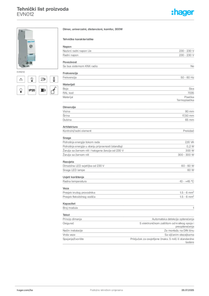 Slika Hager Product data sheet EVN012  | Hager