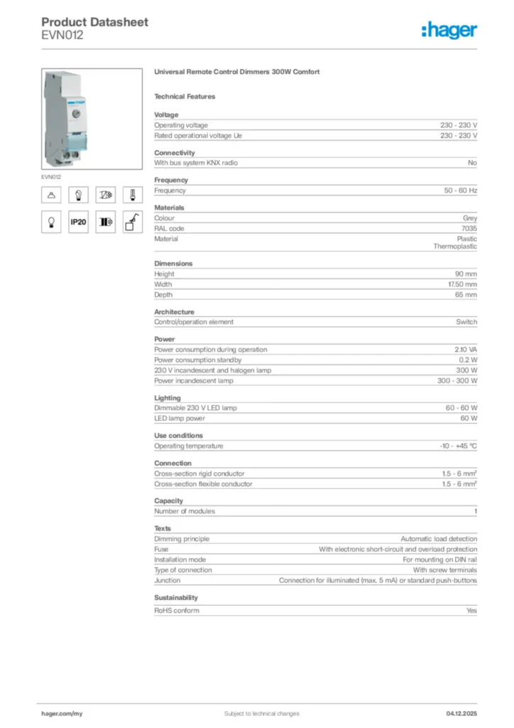 Image Hager Product data sheet EVN012  | Hager