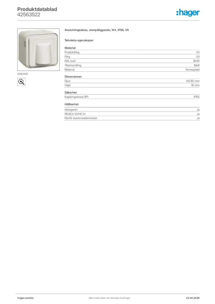 Bild Hager Produktdatablad 42563522 | Hager Sverige