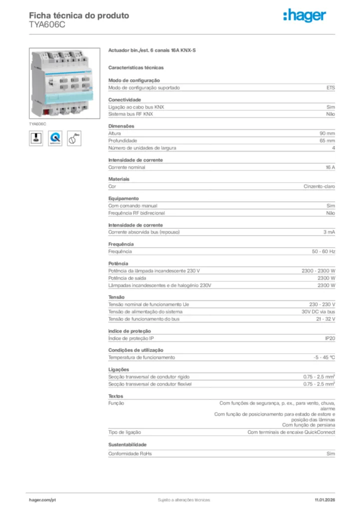 Imagem Hager Ficha técnica do produto TYA606C | Hager Portugal