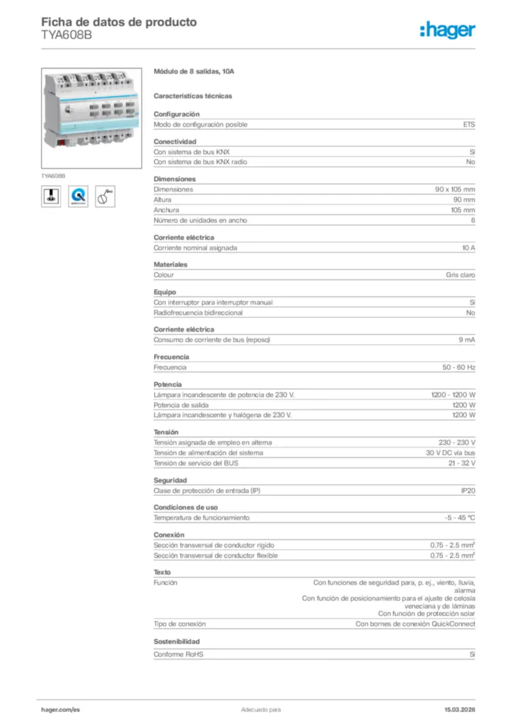 Imagen Hager Ficha de datos de producto TYA608B | Hager España