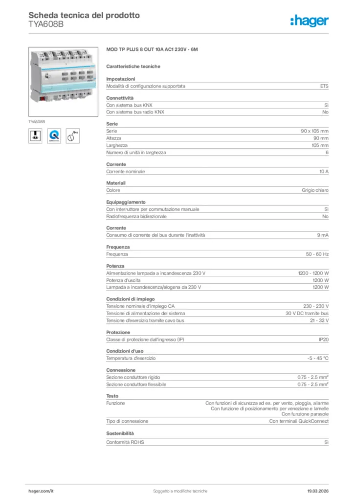 Immagine Hager Scheda tecnica del prodotto TYA608B | Hager Italia