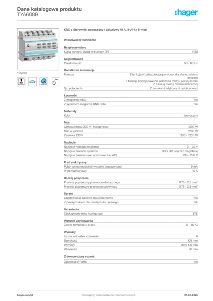 Zdjęcie Hager Dane katalogowe produktu TYA608B | Hager Polska