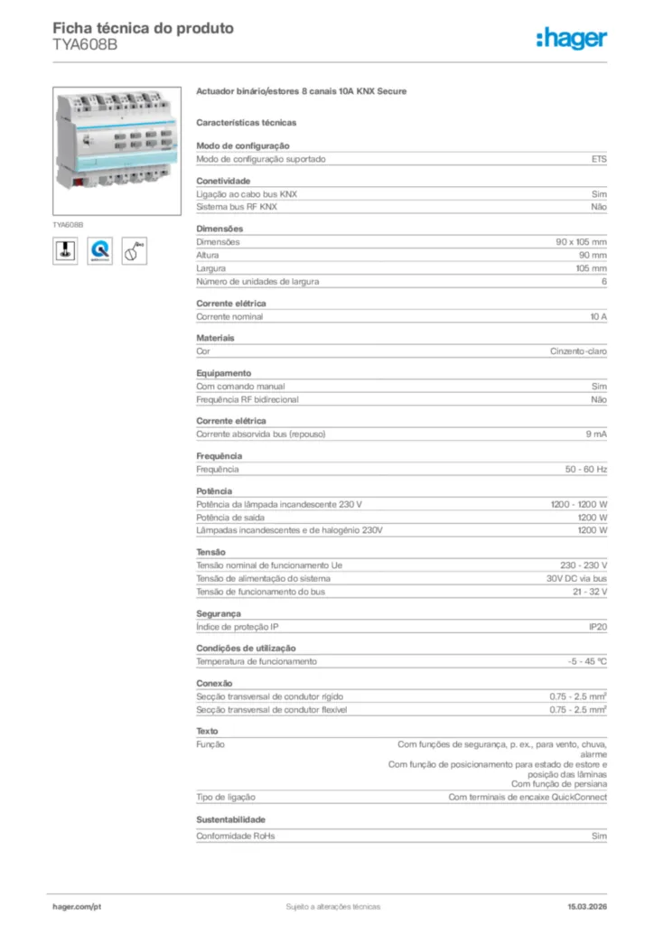 Imagem Hager Ficha técnica do produto TYA608B | Hager Portugal