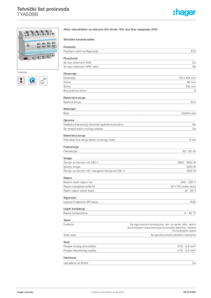 Slika Hager Product data sheet TYA608B  | Hager
