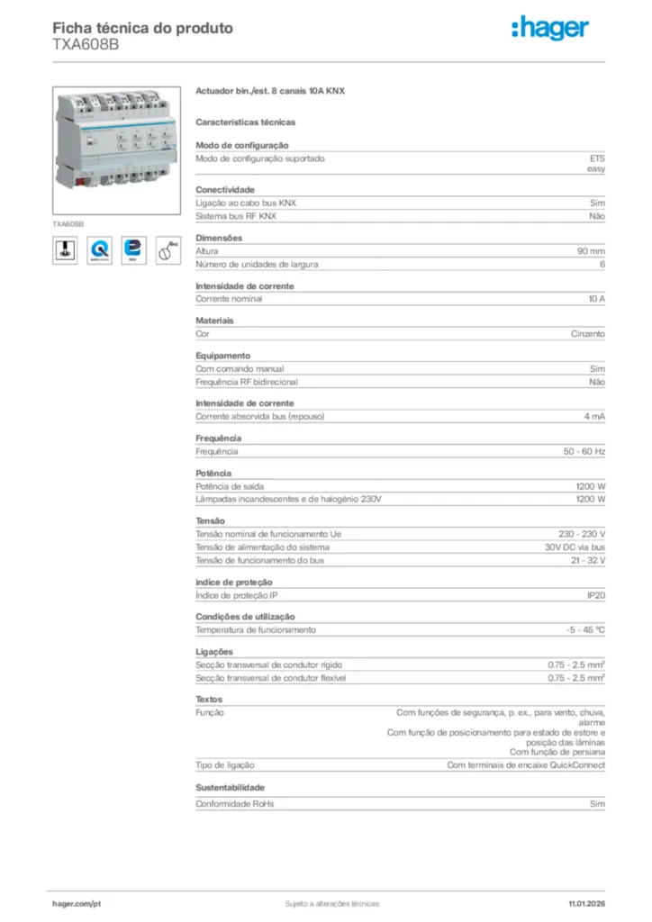 Imagem Hager Ficha técnica do produto TXA608B | Hager Portugal