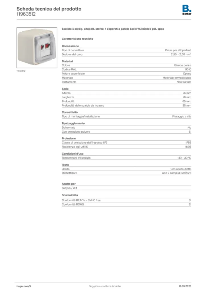 Immagine Berker Scheda tecnica del prodotto 11963512 | Hager Italia