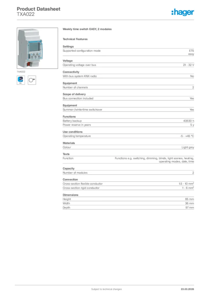 Image Hager Product data sheet TXA022  | Hager Africa
