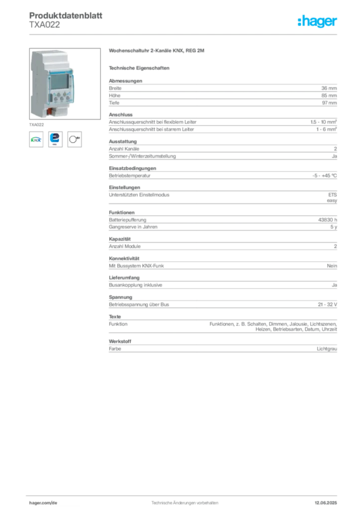 Bild Hager Produktdatenblatt TXA022 | Hager Deutschland