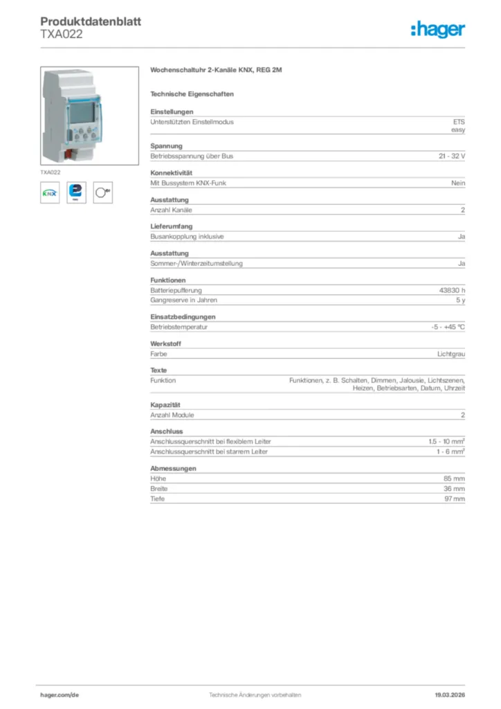 Bild Hager Produktdatenblatt TXA022 | Hager Deutschland